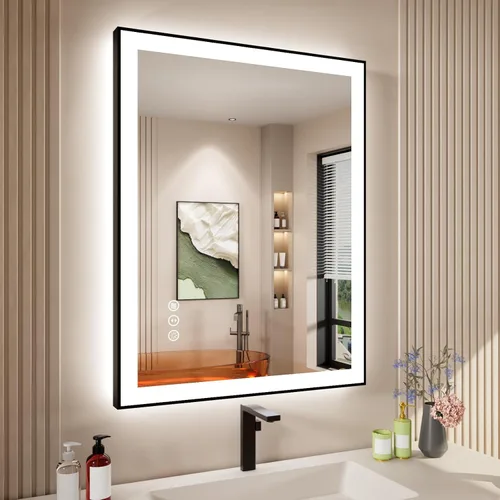 Miniatura 90 de Espejo de baño LED de 60x36 pulgadas con marco negro, espejos de baño retroiluminados y con luz frontal para pared, antiempañamiento, regulable
