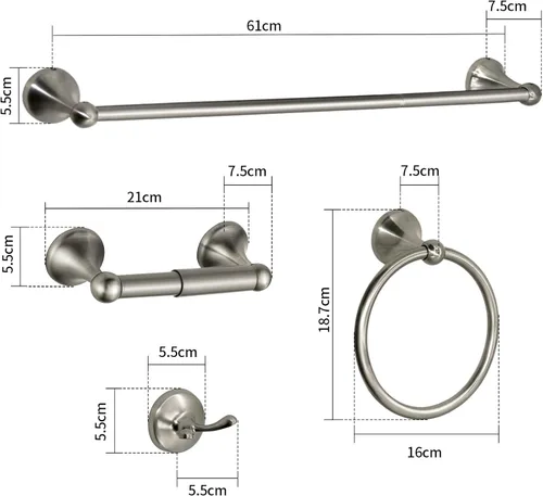 Miniatura 6 de Juego de 8 piezas de accesorios de baño de níquel cepillado, ajustables, expandibles, toalleros, anillo, soporte para papel higiénico, ganchos