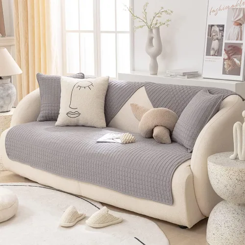 Miniatura 8 de vctops Funda acolchada para sofá con patrón geométrico bohemio, de algodón de color liso, antideslizante, protector de muebles para perros y Crema a