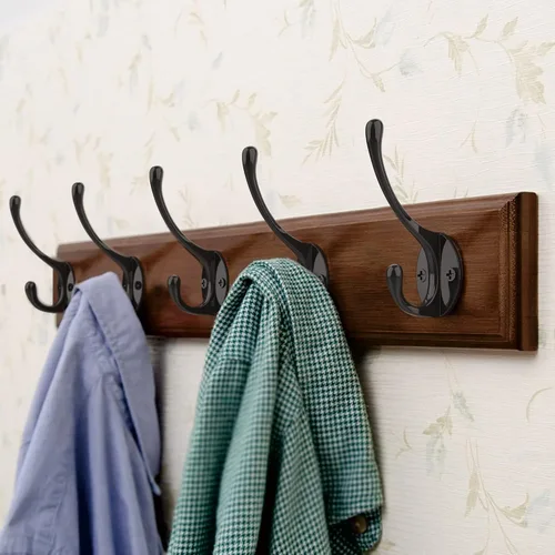 Miniatura 4 de Ganchos de pared de metal resistentes para abrigos, paquete de 10 ganchos negros montados en la pared con 20 tornillos, ganchos dobles para abrigo