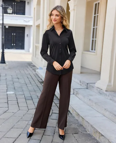 Miniatura 6 de Siliteelon - Camisas de vestir para mujer, manga larga, ajustadas, con botones, elásticas, sin arrugas, con cuello, para negocios, casual, blusa