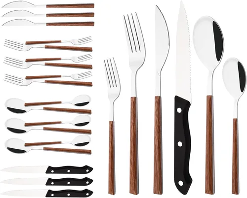 Miniatura 8 de Juego de cubiertos con cuchillos para carne, 48 piezas, juego de cubiertos para 8 cubiertos de acero inoxidable con mango de grano de madera