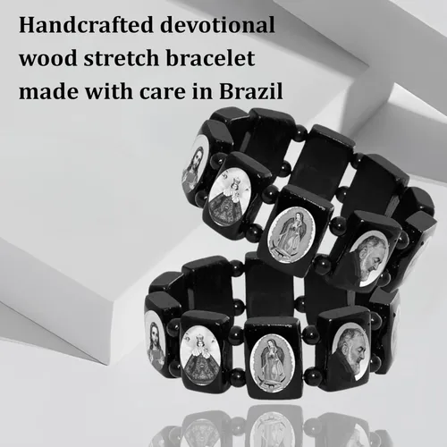 Miniatura 3 de Catholica Shop Pulseras elásticas de madera religiosas católicas devocionales. Paneles pequeños y grandes con imágenes surtidas de santos, Jesús