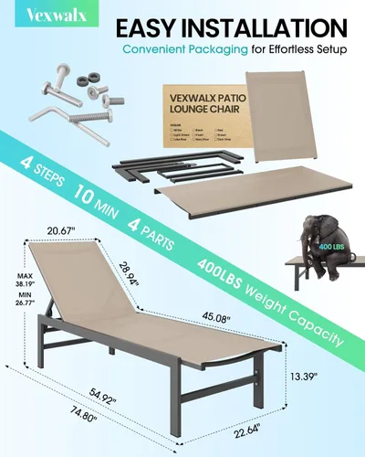 Miniatura 3 de Vexwalx Sillón para exteriores para piscina, tumbonas de aluminio con sillón reclinable de 5 posiciones, silla de patio para patio trasero, junto a
