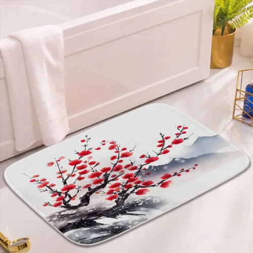 Miniatura 2 de Alfombra de baño floral con ramas de flor de ciruelo, terciopelo coral, tapete de ducha antideslizante para baño, árbol de flores