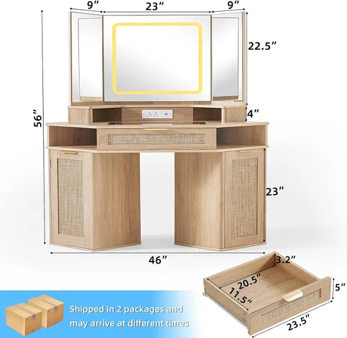 Miniatura 5 de Lerliuo Tocador Esquinero con Espejo de 3 Vías y Luces, Tocador de Maquillaje de Ratán de 46'' con Cajón Superior de Cristal, Gabinetes de Madera