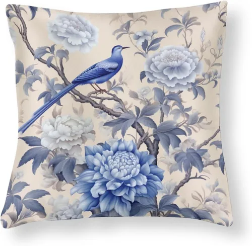 Chinoiserie - Fundas de cojín de satén con estampado floral azul y blanco, flores de primavera y pájaros, fundas de almohada decorativas clásicas