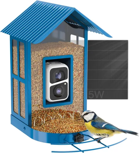 Comedero para pájaros con cámara con IA para identificar especies, observación de aves silvestres, vista en vivo de 2K, alertas de llegada