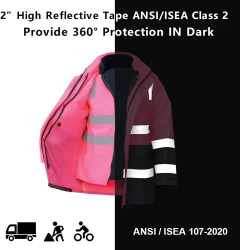 Miniatura 2 de SMASYS Chaqueta Reflectante de Alta Visibilidad Oxford Doble Gruesa de Seguridad, Clase 3 ANSI, Ropa de Protección para Construcción Rosa
