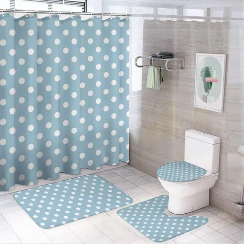 Miniatura 62 de Juego de 3 alfombras de baño con diseño de lunares, color azul aguamarina, antideslizante, con contorno en forma de U y tapa de inodoro