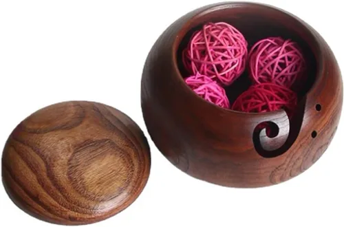 Miniatura 10 de Joyeee Cuenco de almacenamiento de hilo de madera hecho a mano, 6 pulgadas con agujeros tallados y perforados, regalo para entusiastas de tejer