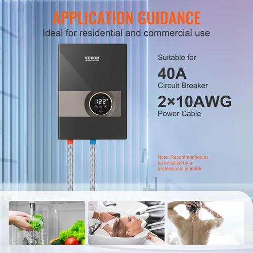 Miniatura 6 de VEVOR Calentador de Agua Eléctrico Sin Depósito, Calentador de Agua Caliente Instantáneo de 8KW, Pantalla Digital de Temperatura y Fácil Instalación