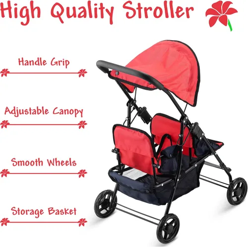 Miniatura 3 de Hushlily® Tandem - Cochecito de muñeca doble con toldo ajustable y cesta, plegable, con ruedas suaves (rojo y azul)