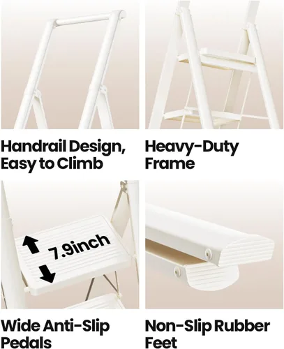 Miniatura 4 de SOLADDER Escalera de 5 escalones, taburete plegable, escalera de hierro plegable blanca para techo de 10 pies de alto con pedal ancho antideslizante