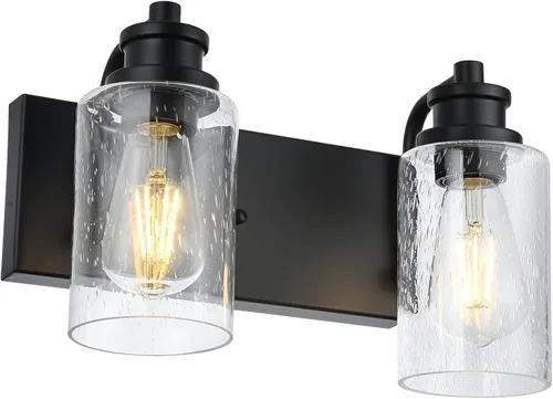 Miniatura 13 de Lámpara de baño vintage de 3 cabezales en acabado negro mate, pantalla de vidrio transparente clásica, iluminación de baño sobre espejo, lámpara