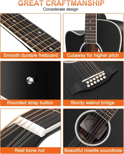 Miniatura 7 de Vangoa Guitarra acústica y eléctrica de 12 cuerdas para zurdos, corte Dreadnought de 42 pulgadas de tamaño completo, tapa de abeto y cuerpo