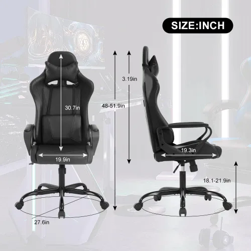 Miniatura 2 de Silla ergonómica para videojuegos, silla de oficina de piel sintética con respaldo alto y soporte lumbar ajustable y reposacabezas - Silla giratoria