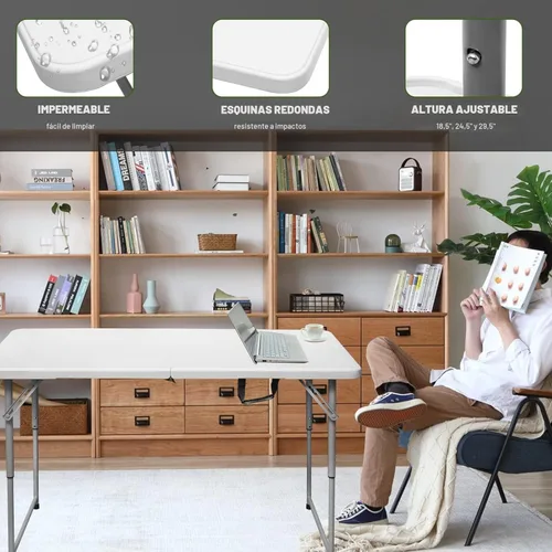 Miniatura 7 de Byliable Mesa plegable portátil de plástico resistente de 4 pies, mesa utilitaria plegable por la mitad, pequeña para interiores y exteriores, Blanco