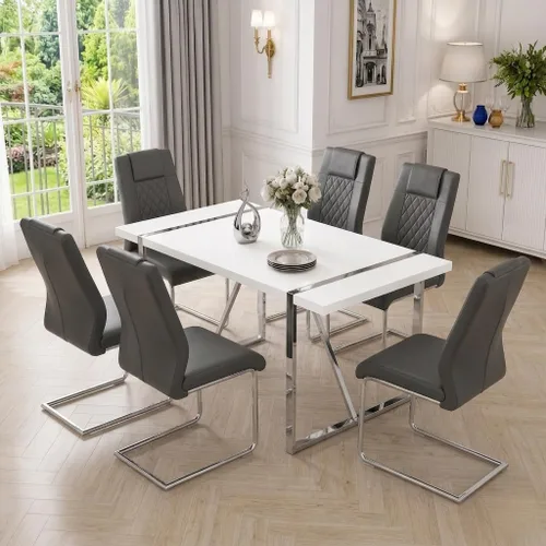 Miniatura 20 de Juego de mesa de comedor moderna de 55 pulgadas para 4, mesa de comedor negra y marco de metal dorado, mesa de comedor rectangular con 4 sillas