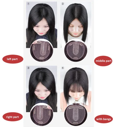 Miniatura 7 de LXUE Parte superior de cabello humano con base de seda natural para mujeres con cabello gris y delgado, parte superior de base de 5 x 5.5 pulgadas