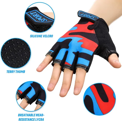 Miniatura 3 de 8 pares de guantes de medio dedo para niños, guantes de bicicleta sin dedos, transpirables, guantes cortos para niños, guantes antideslizantes