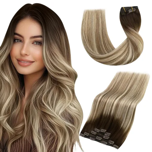 Miniatura 14 de Vivien Extensiones de cabello humano con clip, color negro azabache, extensiones de cabello humano real con pinzas invisibles, doble trama, 14