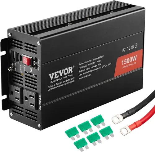 VEVOR - Inversor de onda sinusoidal modificada, inversor de 1500 W, DC 12 V a CA 120 V, con 2 tomas de CA, 2 puertos USB, 1 puerto tipo C, 6