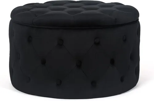 Miniatura 9 de Adeco Moderna silla otomana redonda de almacenamiento de 28 pulgadas, reposapiés otomano tapizado con botones con almacenamiento para sala de estar