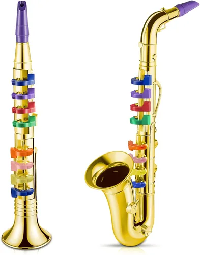 Amylove Juego de 2 juguetes de saxofón y clarinete para niños pequeños, instrumentos de plástico, juguete musical falso, portátil, juguetes