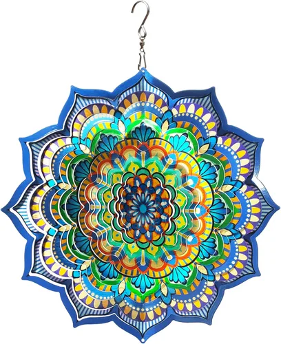 Miniatura 15 de Molinillo de viento de mandala de bendición, 12 pulgadas, 3D, de acero inoxidable, regalo valioso, cortado con láser, arte cinético de jardín, A5