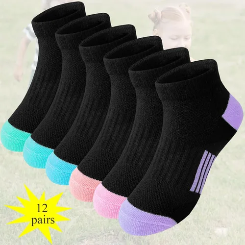 Miniatura 3 de Bemeol Calcetines para niñas, 12 pares de calcetines deportivos de algodón, calcetines deportivos para niños pequeños y grandes