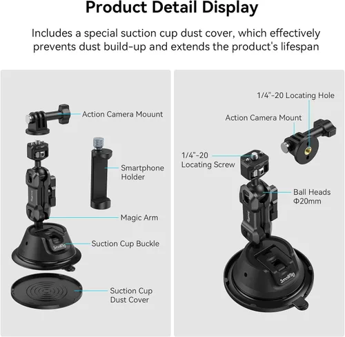 Miniatura 8 de SMALLRIG Soporte de ventosa para GoPro con pasador antitorsión, soporte de metal para parabrisas de automóvil en el exterior, montaje en tablero