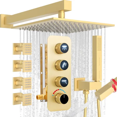 Miniatura 26 de Enga Sistema de cabezal de ducha doble, cabezal de ducha LED de lluvia de 14 x 20 pulgadas con cabezal de pared de 6 pulgadas, juego de grifo de Oro