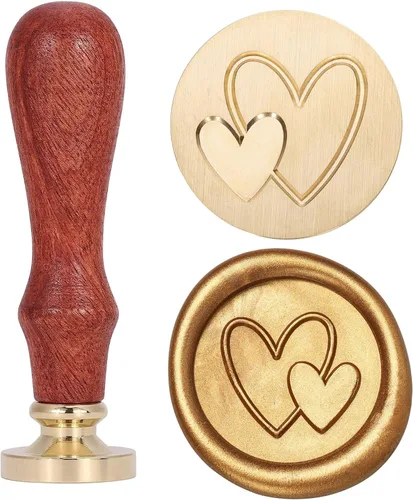 Yoption Sello de cera de doble corazón, cabeza de latón vintage, sello de cera de sellado de empuñadura de madera para boda, fiesta de Navidad,