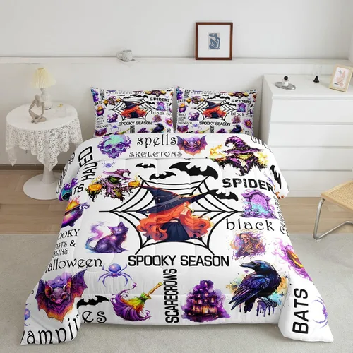 Miniatura 29 de Feelyou Juego de edredón de Halloween, color rosa fantasma, juego de ropa de cama tamaño individual, decoración para niños y niñas, lindo juego