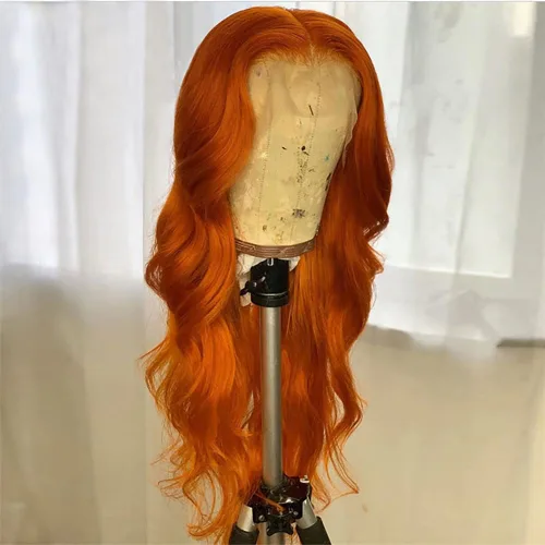 Miniatura 4 de ANDRIA Pelucas de encaje frontal 13x4 HD 28 pulgadas, pelucas de onda corporal naranja jengibre largas sin pegamento, línea capilar prearrancada