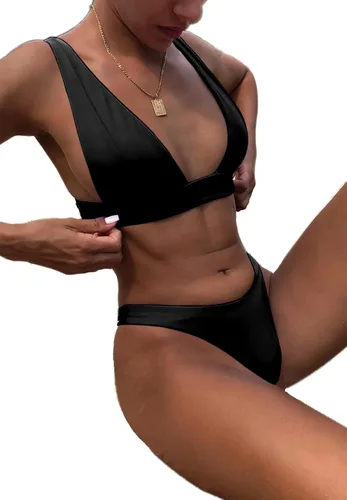 Miniatura 7 de HAILTH Conjunto de bikini para mujer, traje de baño de dos piezas con cuello en V, parte superior triangular con cintura alta, sexy, traje de baño