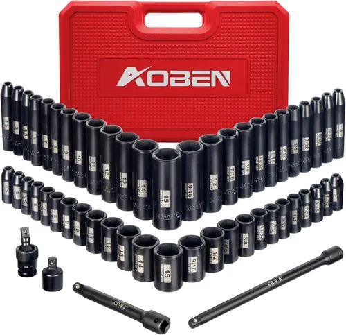 AOBEN Juego de llaves de impacto de 1/4 pulgadas, 54 piezas, 6 puntos, SAE/métrica, (5/32" - 9/16", 0.157 in -0.591 in), profundo/poco profundo,