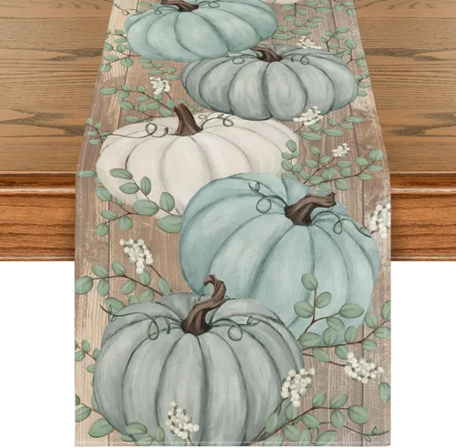 Miniatura 10 de Artoid Mode Camino de mesa de otoño con hojas de eucalipto y calabazas naranjas, decoración de mesa de comedor de cocina de Acción de Gracias