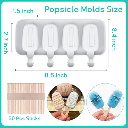 Miniatura 2 de Ouddy moldes de silicona para paletas con tapa, 2 moldes para paletas para niños, 4 cavidades, moldes ovalados para helados con 50 palitos