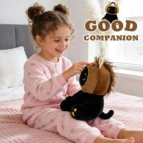 Miniatura 4 de Peluche de gato de caballo – Aniaml de peluche de gato negro de 8 pulgadas con capucha de caballo marrón extraíble, lindo animal de peluche, juguete