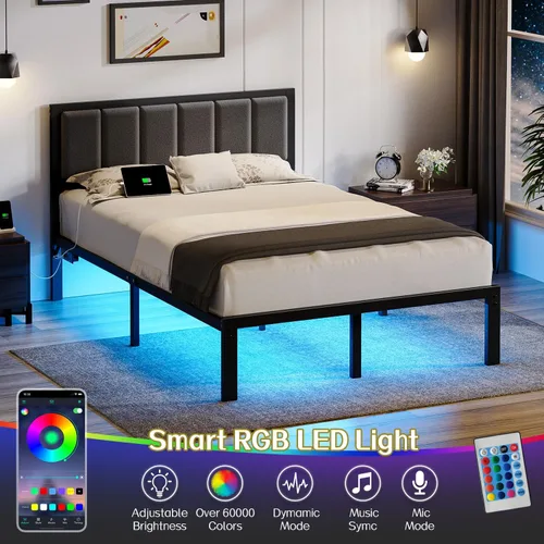 Miniatura 3 de OLEVS Marco de cama matrimonial con cabecero, plataforma de metal, tamaño completo con estación de carga USB y luces LED, no necesita somier