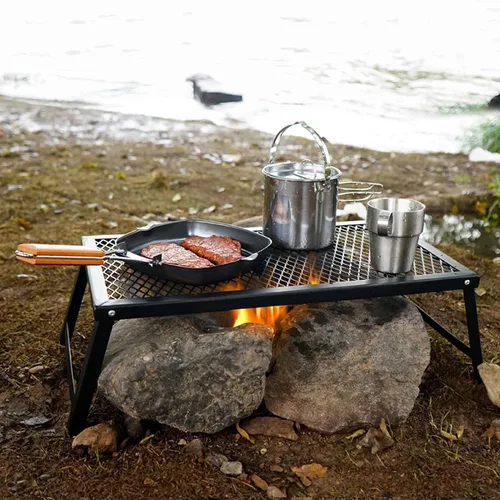 Miniatura 4 de Srliya Parrilla plegable de acero resistente con patas, parrilla de campamento portátil sobre fuego, parrilla de campamento de fuego para cocinar al