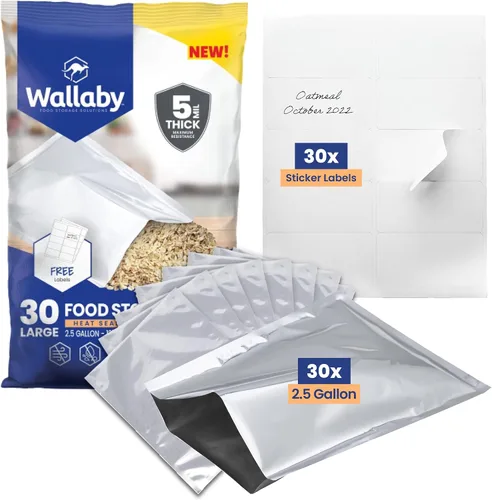Wallaby 30 bolsas de Mylar de 2.5 galones con etiquetas, bolsas de almacenamiento de alimentos a largo plazo de 5 mil de grosor, embalaje hermético
