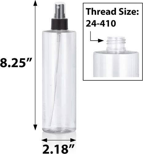 Miniatura 2 de JUVITUS Botellas de plástico PET cilíndricas profesionales transparentes de 12 onzas (sin BPA) (paquete de 6, pulverizador negro de niebla fina)
