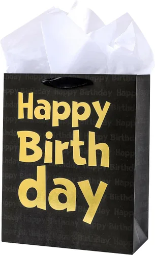 Loveinside Bolsa de regalo de cumpleaños negra con papel de seda para cumpleaños, baby shower, fiesta y más, 13 x 10 x 5 pulgadas, 1 unidad Negro