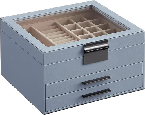 SONGMICS Joyero con tapa de vidrio, organizador de joyas de 3 capas, 2 cajones, para joyas grandes y pequeñas, almacenamiento de joyas, estilo