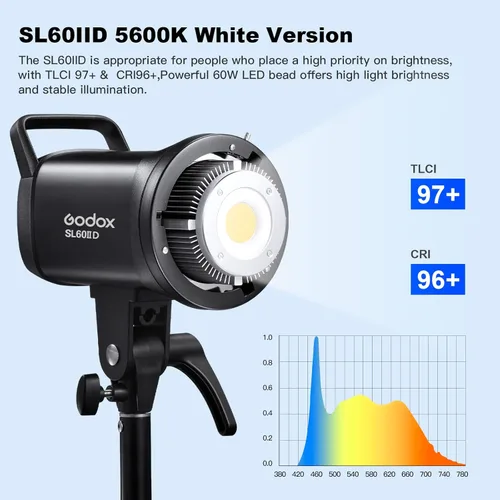 Miniatura 2 de Godox Luz de video LED SL60IIID, 60Ws versión blanca 5600K Iluminación de salida convincente con montaje Bowens, CRI 96+TLCI97+para grabación