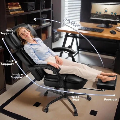 Miniatura 7 de Silla de oficina ejecutiva de 400 libras con reposapiés para personas pesadas, silla de escritorio ergonómica grande y alta con reposacabezas Negro