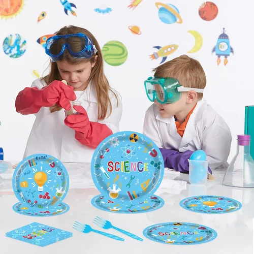 Miniatura 3 de Platos de cumpleaños de ciencia de 96 piezas, suministros y decoraciones para fiestas de ciencia
